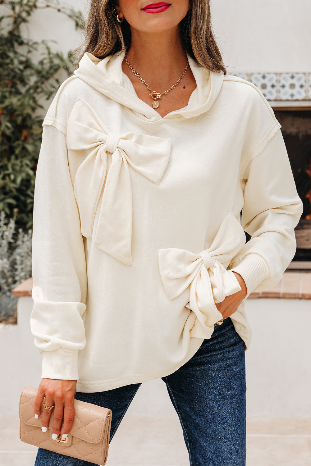 Solid Detail Cute Bow Loose Hoodie