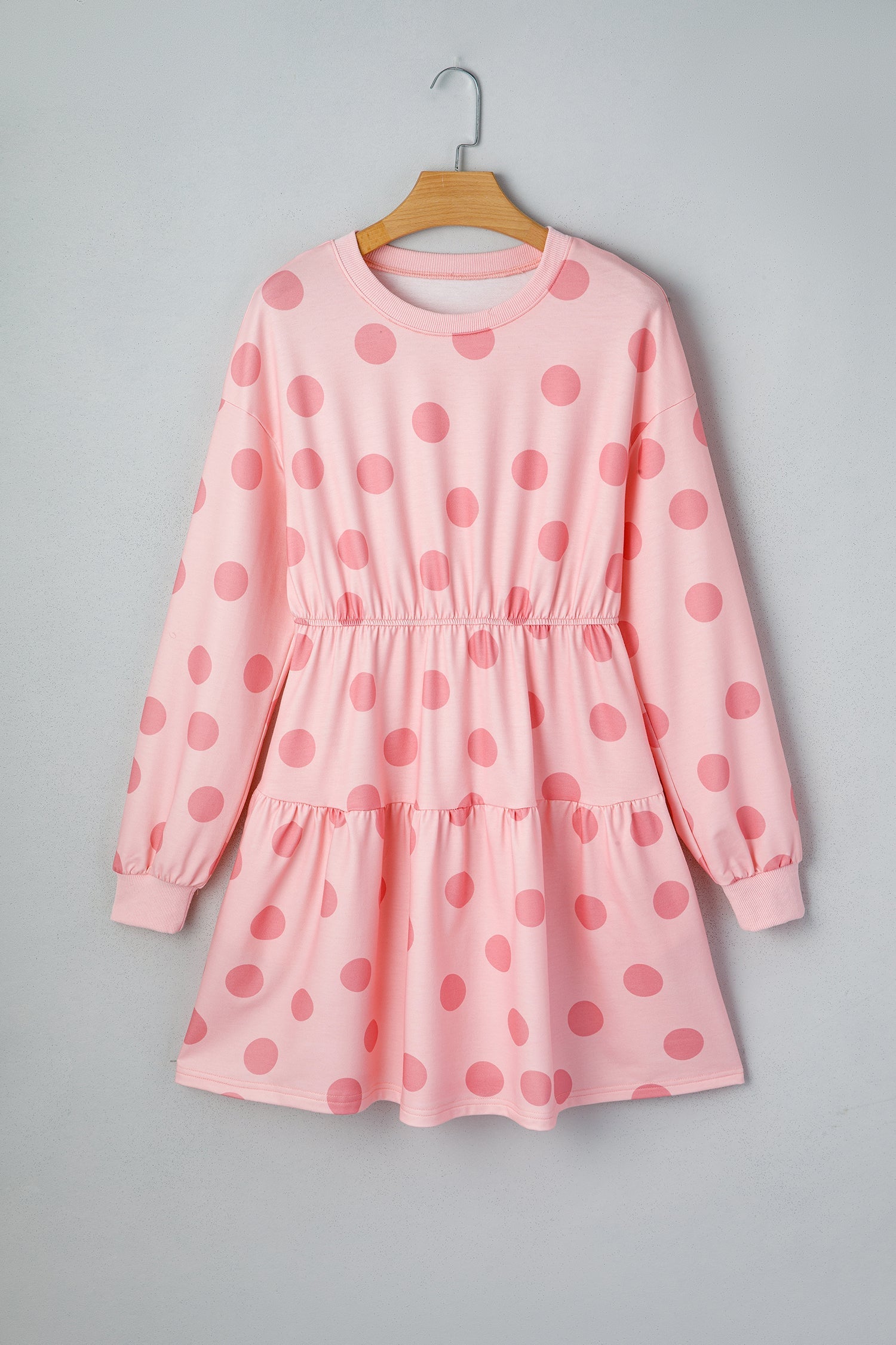 Polka-Dot Flared Printed Long-Sleeved Mini Dress in Pink