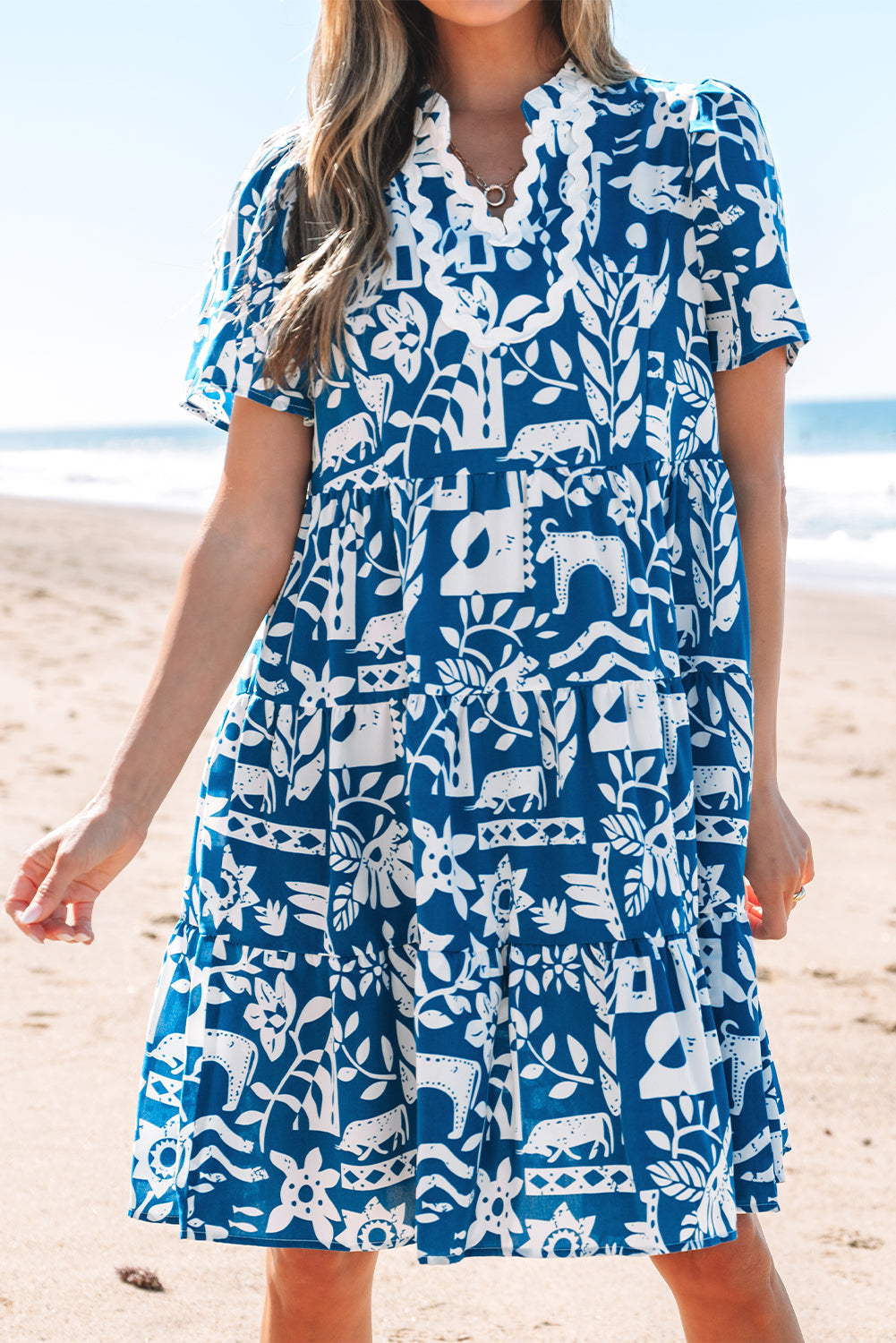 Ricrac Trim Split Neck Floral Loose Dress