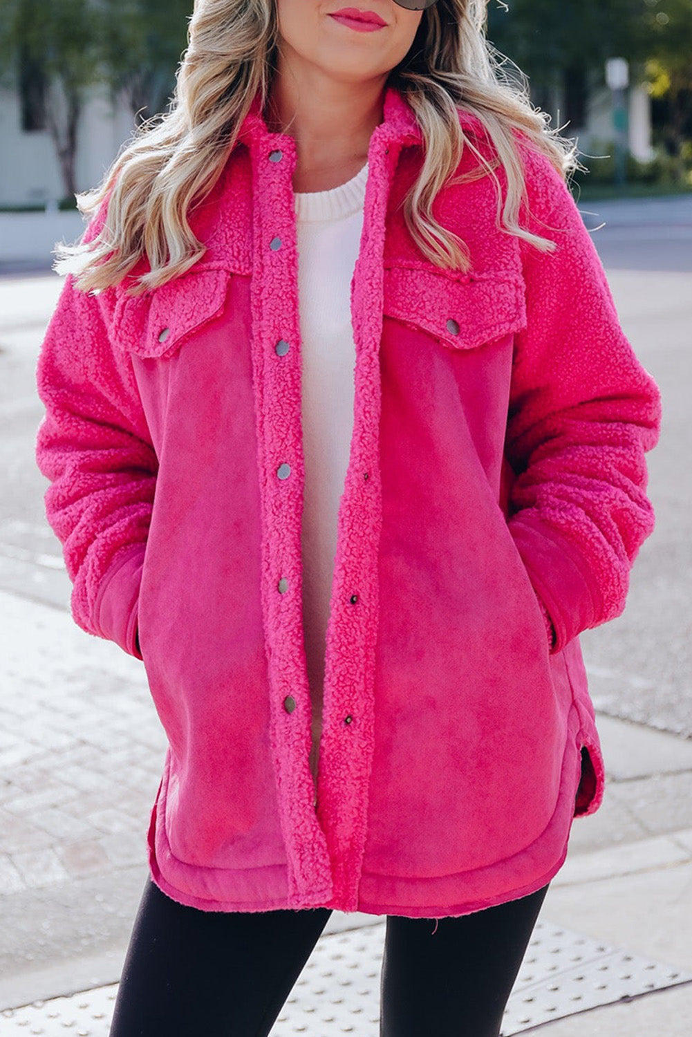Women's Shacket Featuring Button Faux Suede