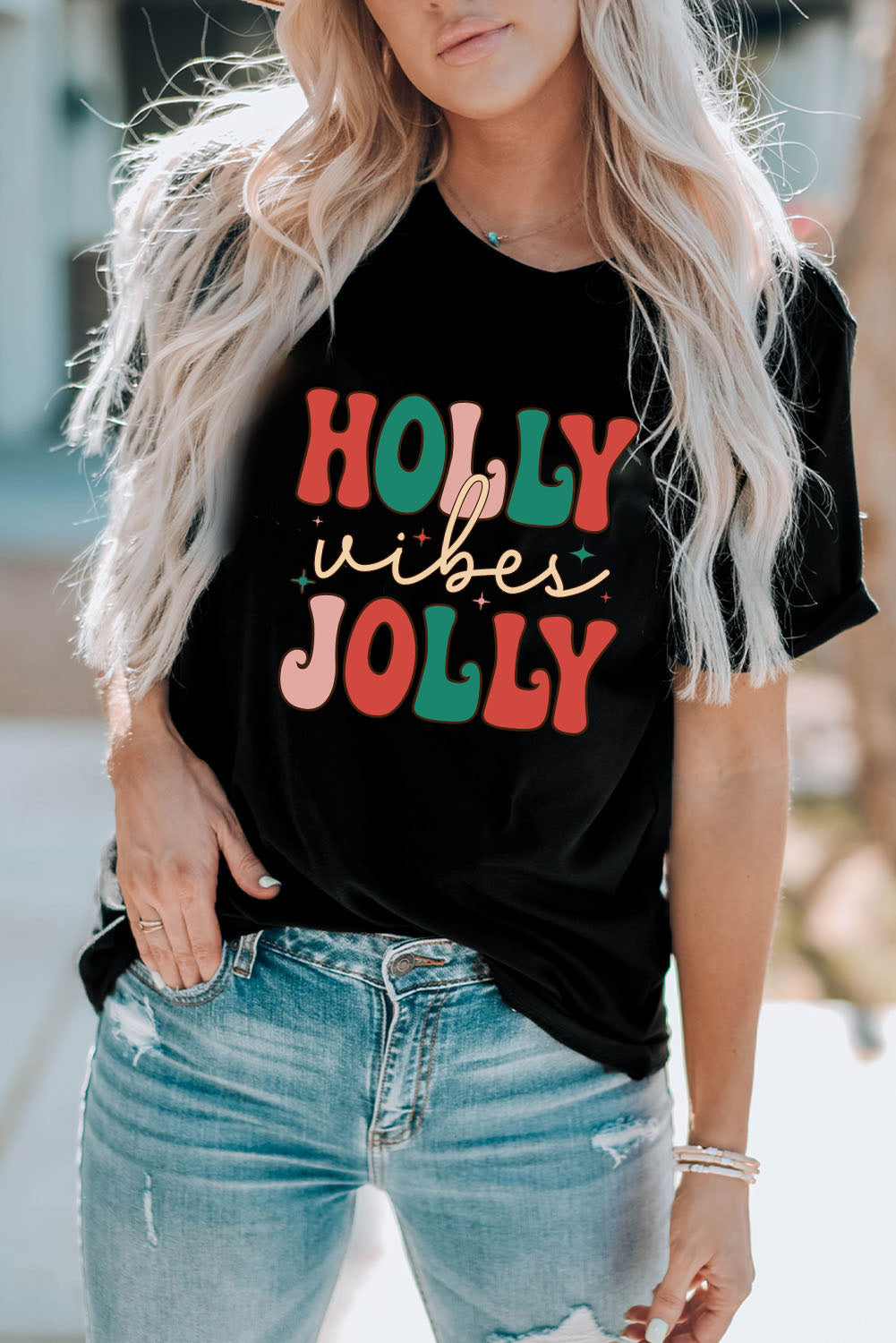 T Shirt for Women Crew Neck HOLLY JOLLY Vibes Christmas