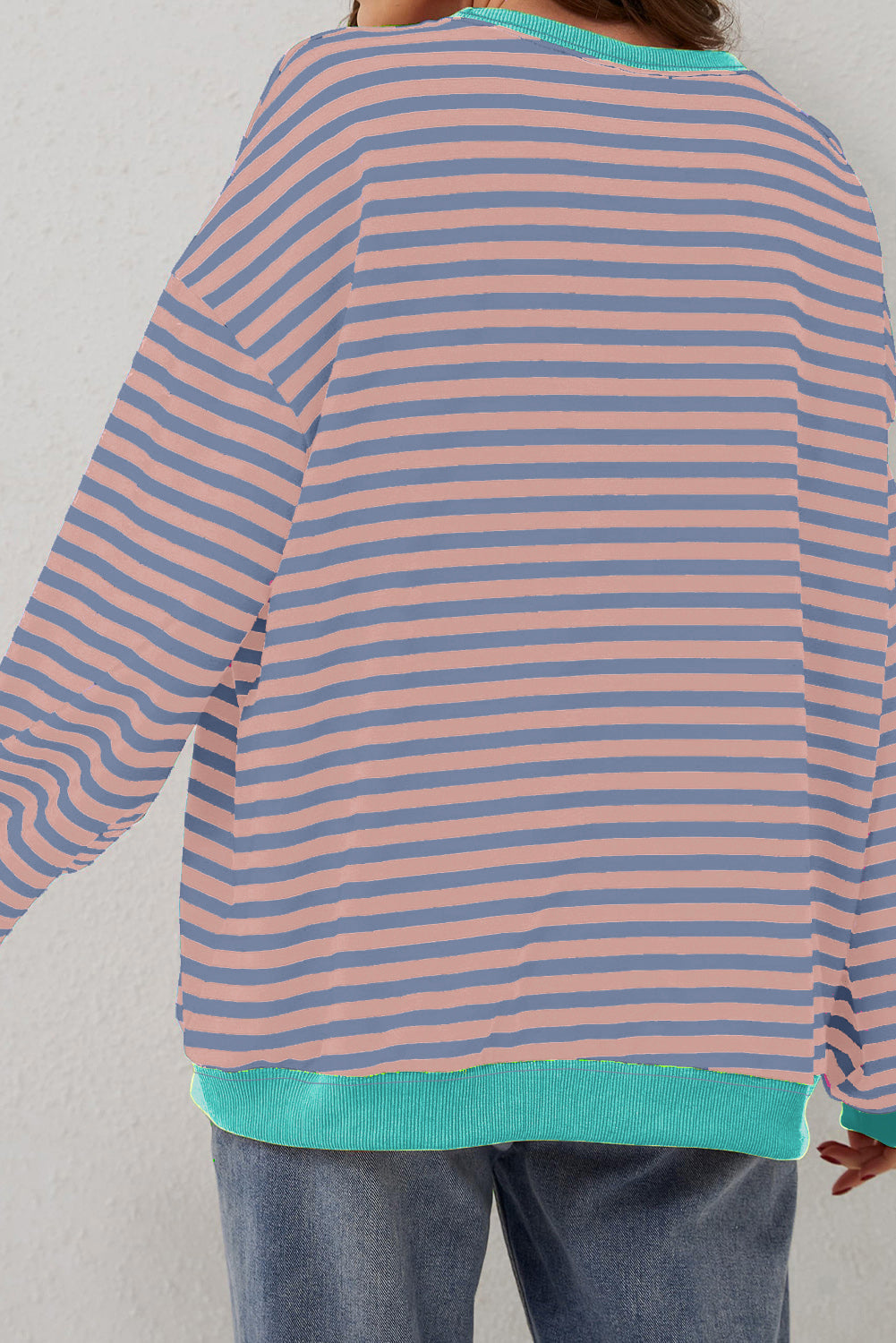 Rib-Knit Striped Contrast Trim Crossed Stitch Drop-Shoulder Sweatshirt