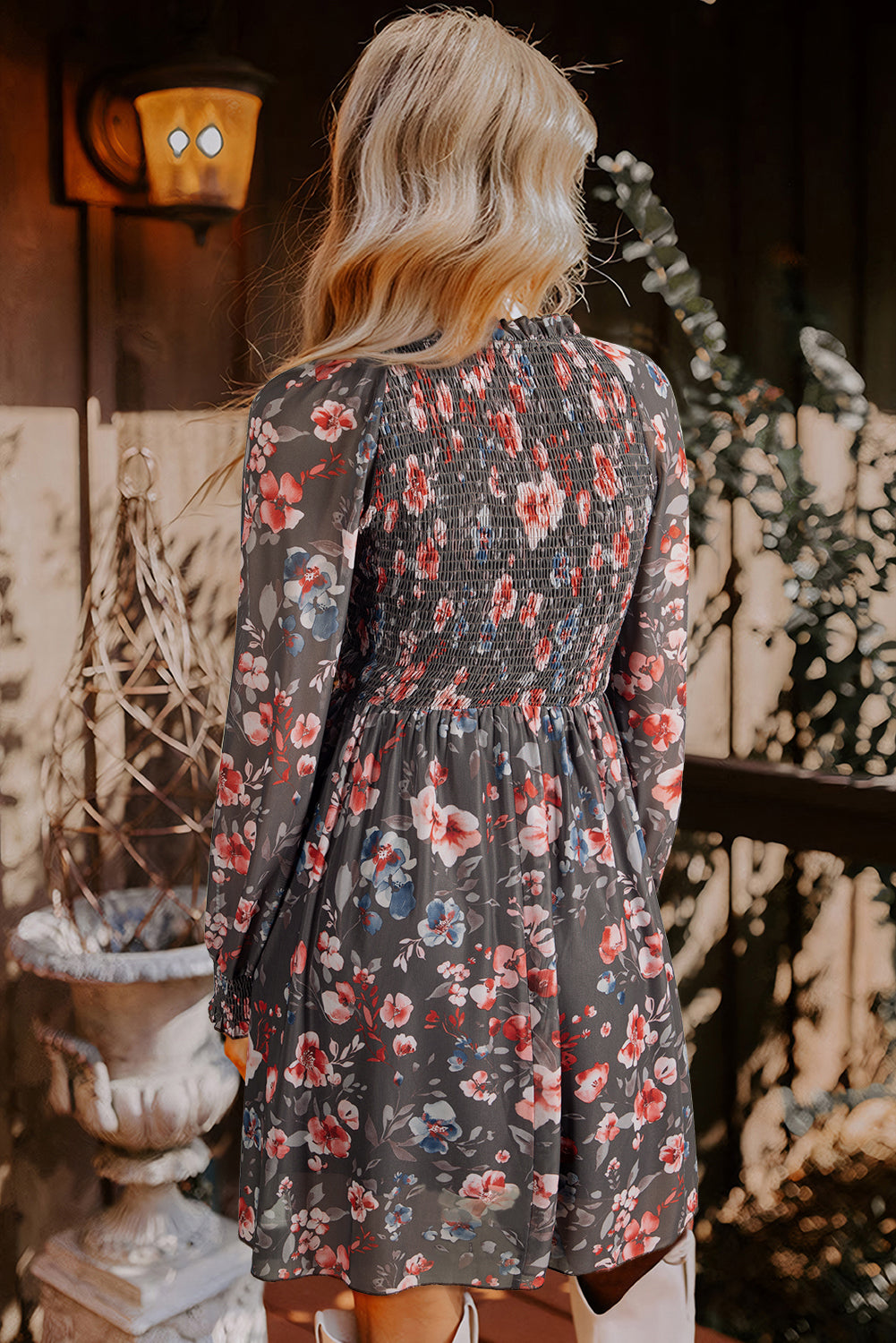 Smocked Bodice Frilly Bodice Floral Mesh Long-Sleeved Mini Dress