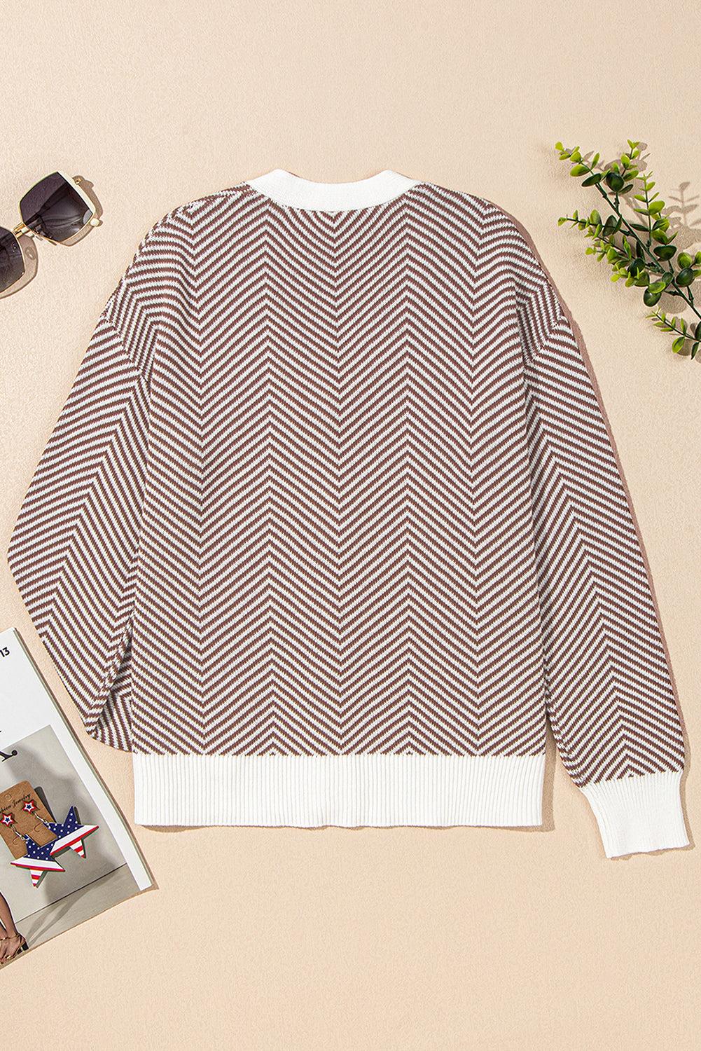 Button-Front V-Neck Stripe V-Neck Herringbone Cardigan in Brown