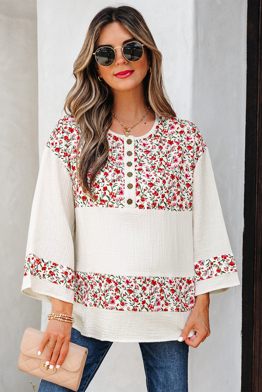 Patchwork Floral-Print Gauze Henley Button 3/4 Sleeve Blouse