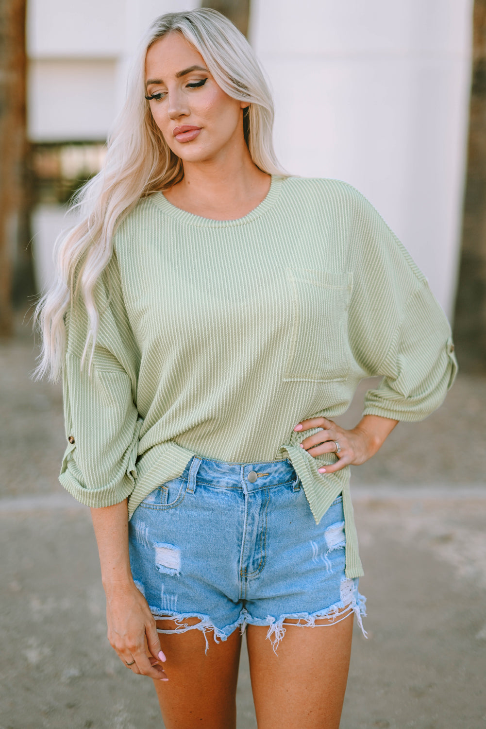 Women's Rib-Knitted Roll-tab Sleeve Oversize Top