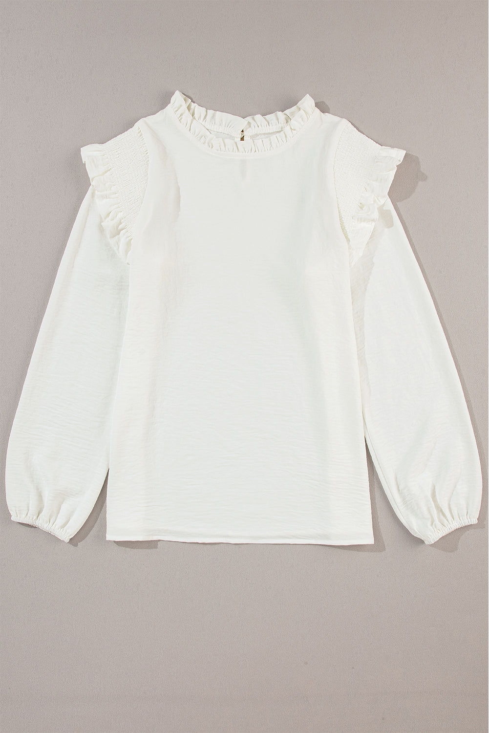 Women's Blouse Featuring Frill-Trimmed Neck Ruffle-Trimmed Trim Bubble Sleeve