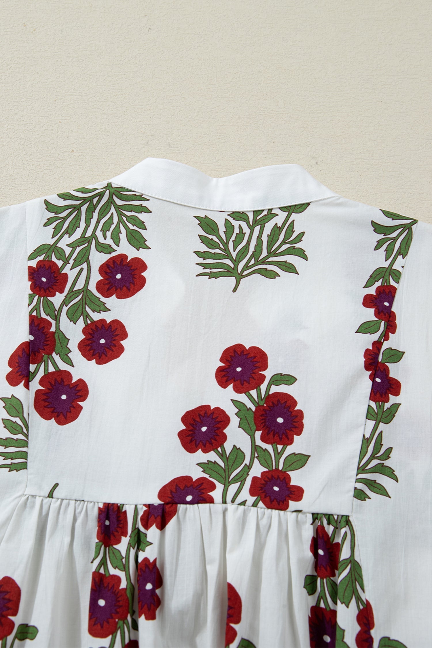 Frilled Sleeve V-Neck 3/4 Loose Floral Dress in White