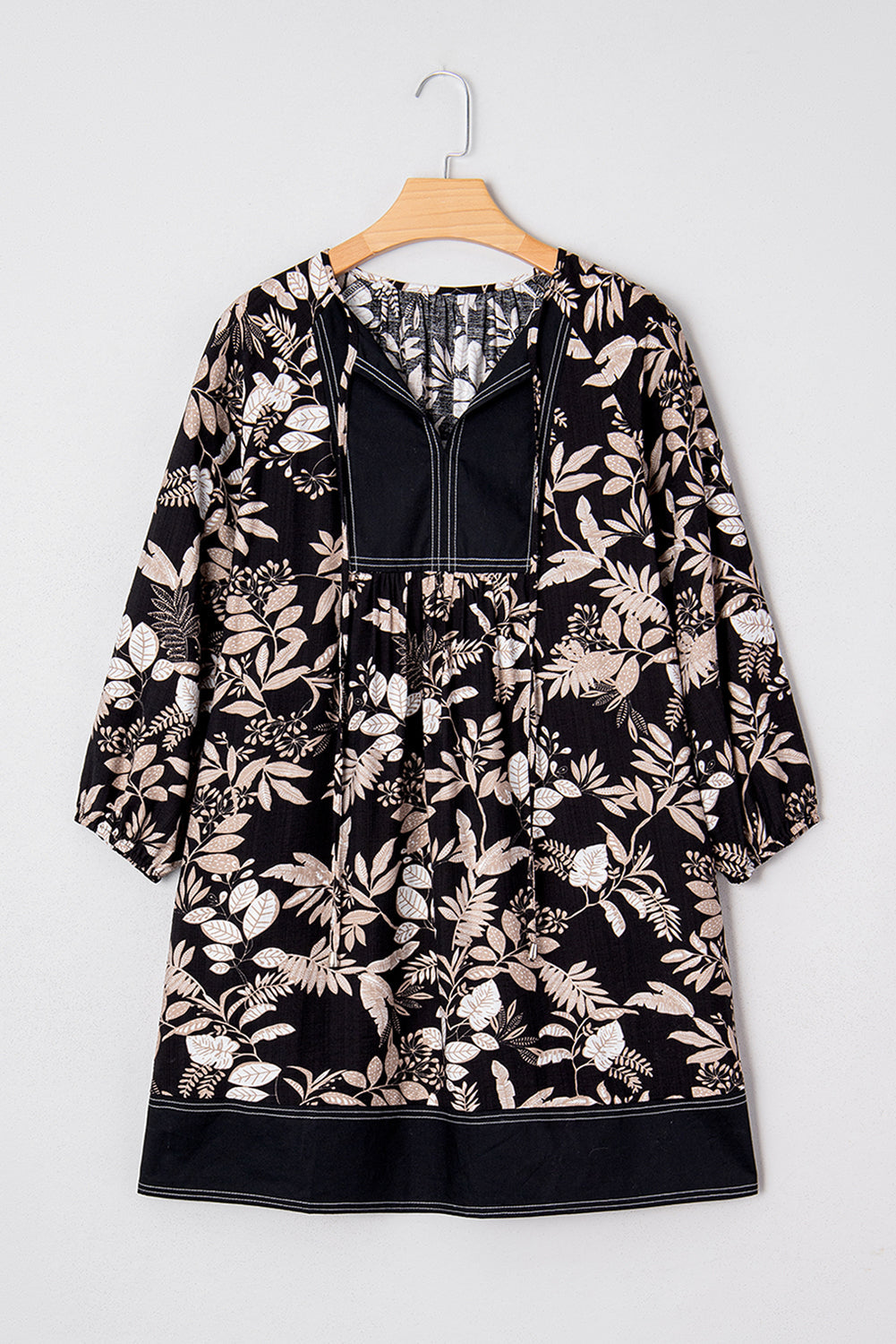 Sleeve Botanical 3/4 Botanical Print Split Neck Loose Mini Dress