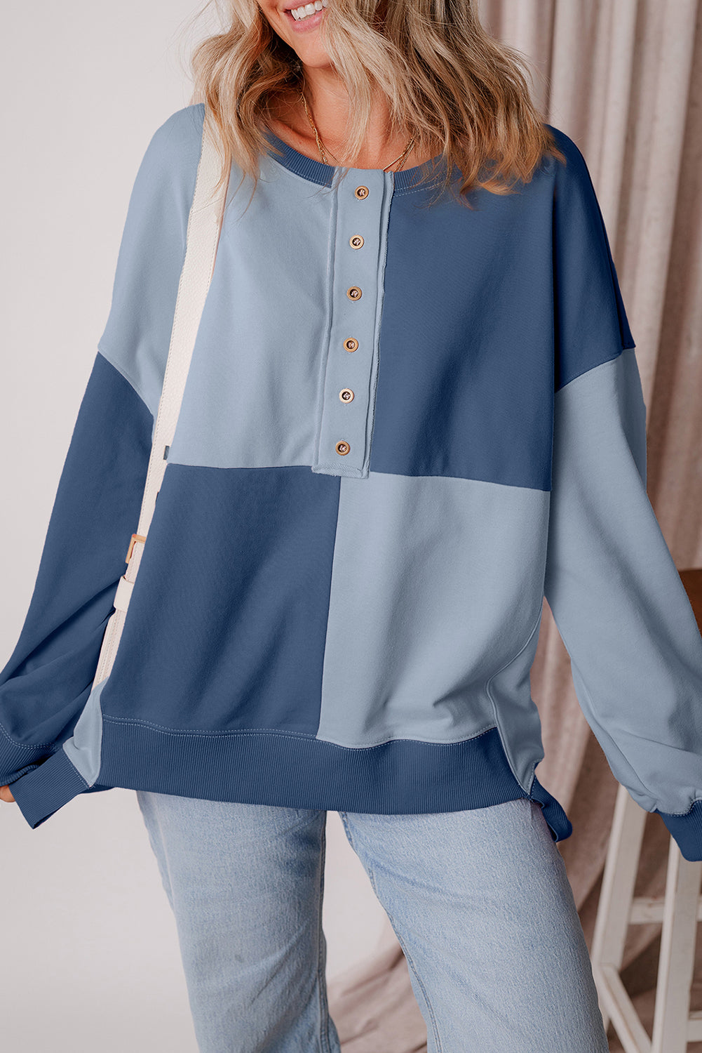 Henley High Colorblock High Low Oversize Sweatshirt