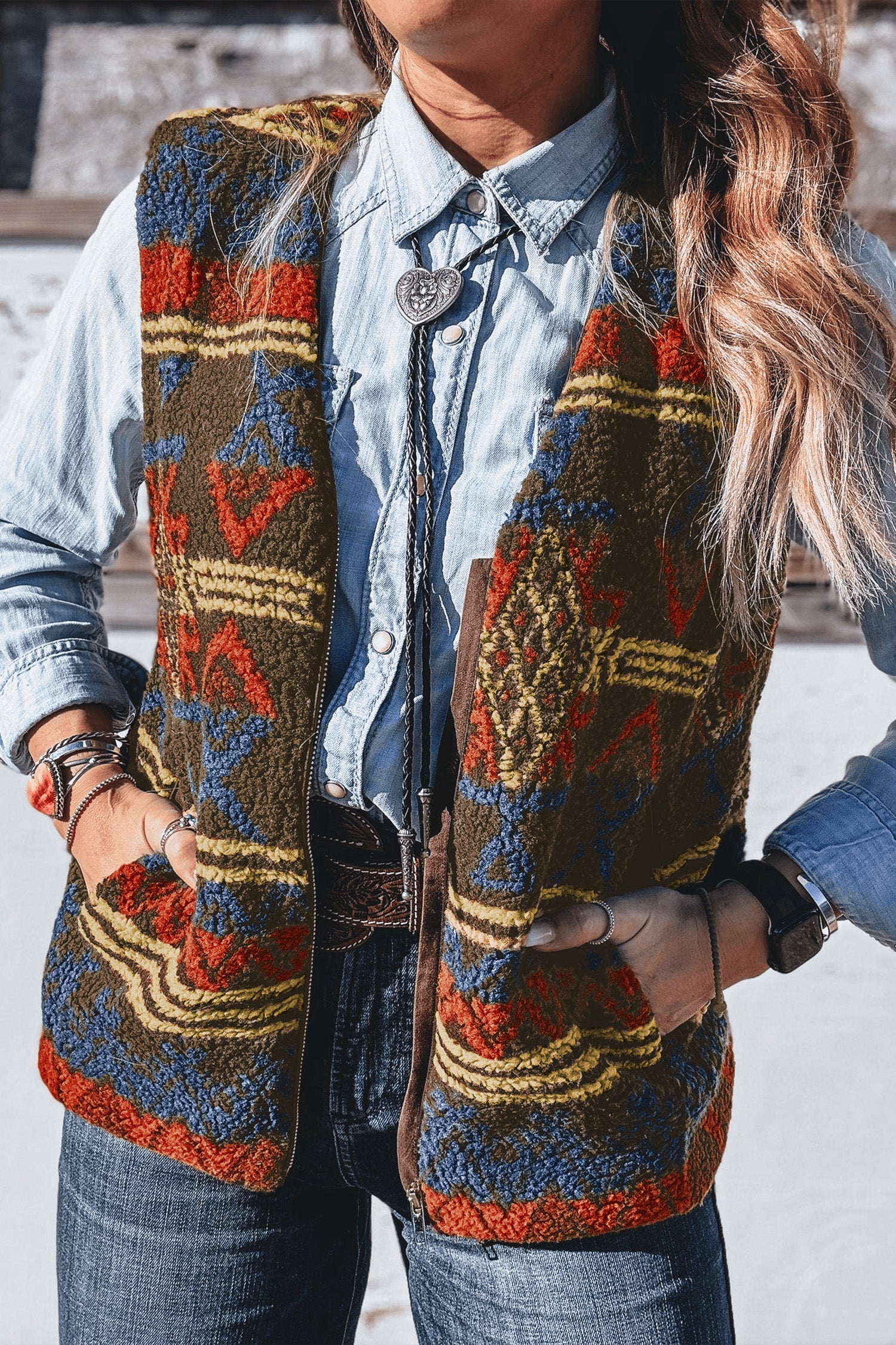 Western Fur Print Faux Metal Zip Insert Pockets Vest in Multicolour