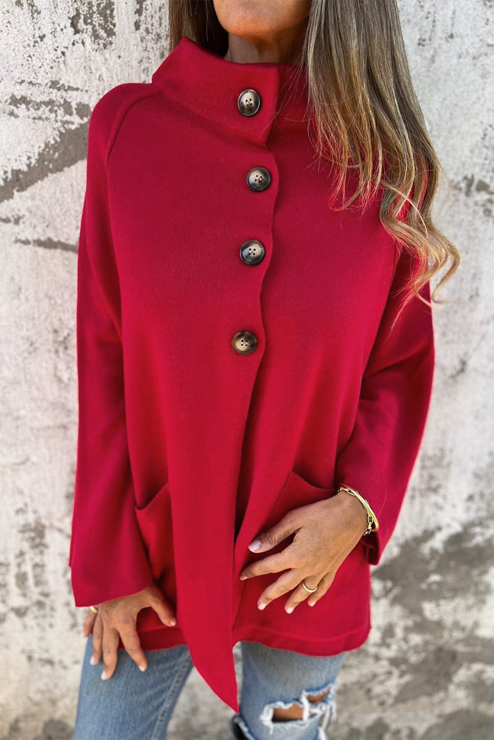 Collared Wrapped Button Front Cardigan Jacket in Fiery Red