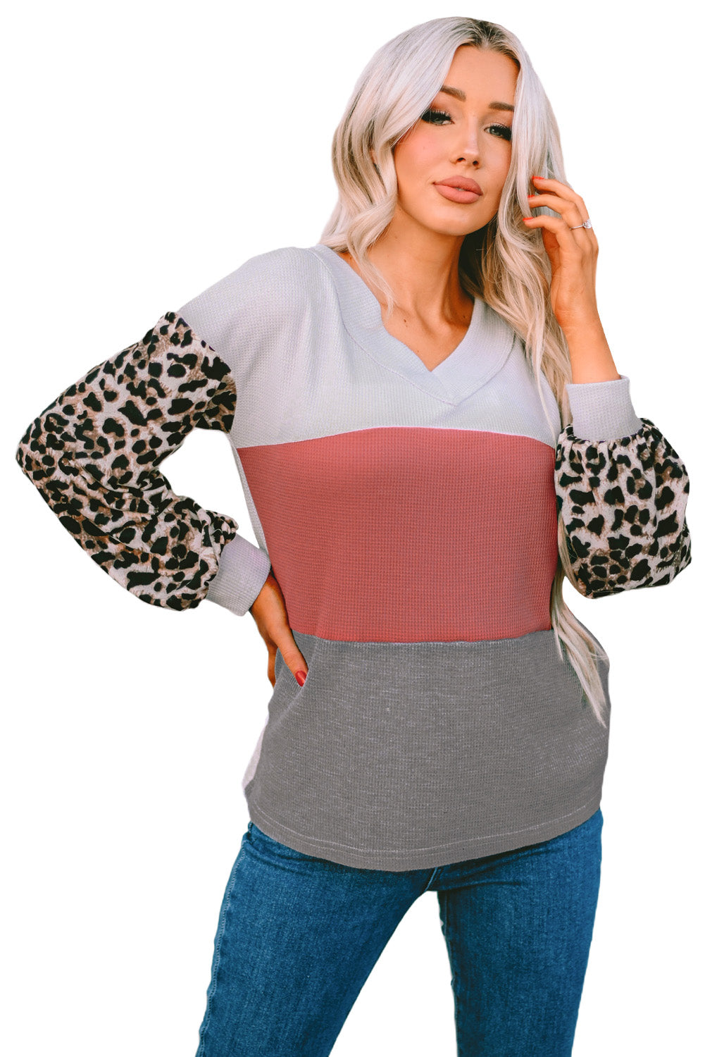 Women's Waffle Contrast Sleeve Knit Top