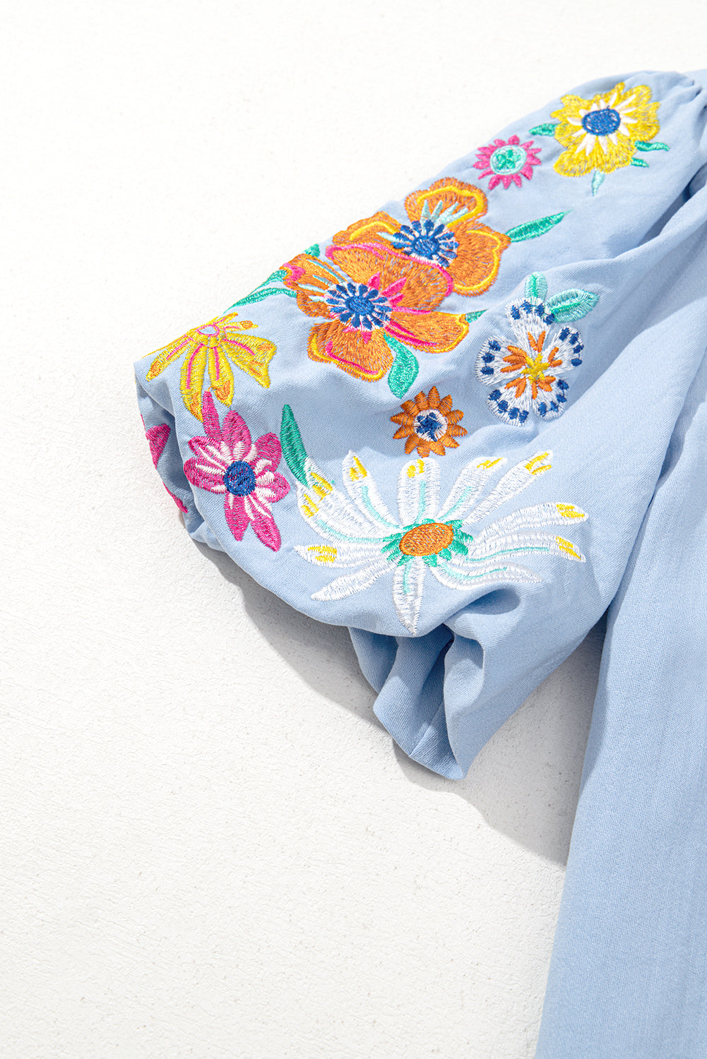 Floral Embroidered Puff Sleeve Split Neck Blouse