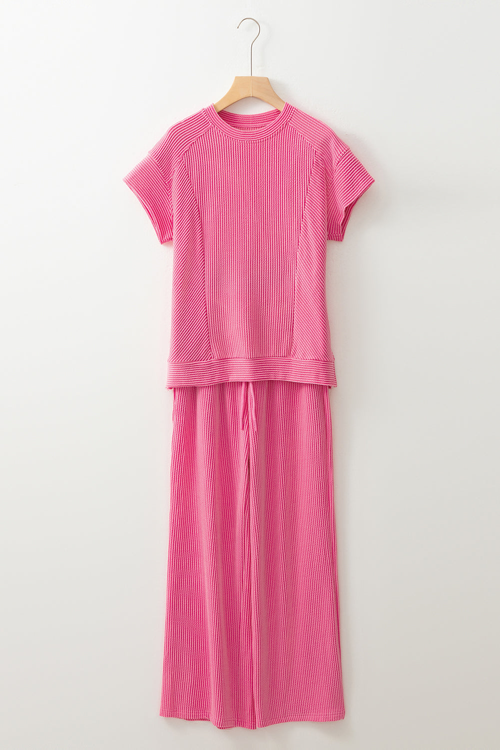 Bright Corded Pink Solid Knit Short-Sleeved T Shirt and Wide-Leg Pants Set
