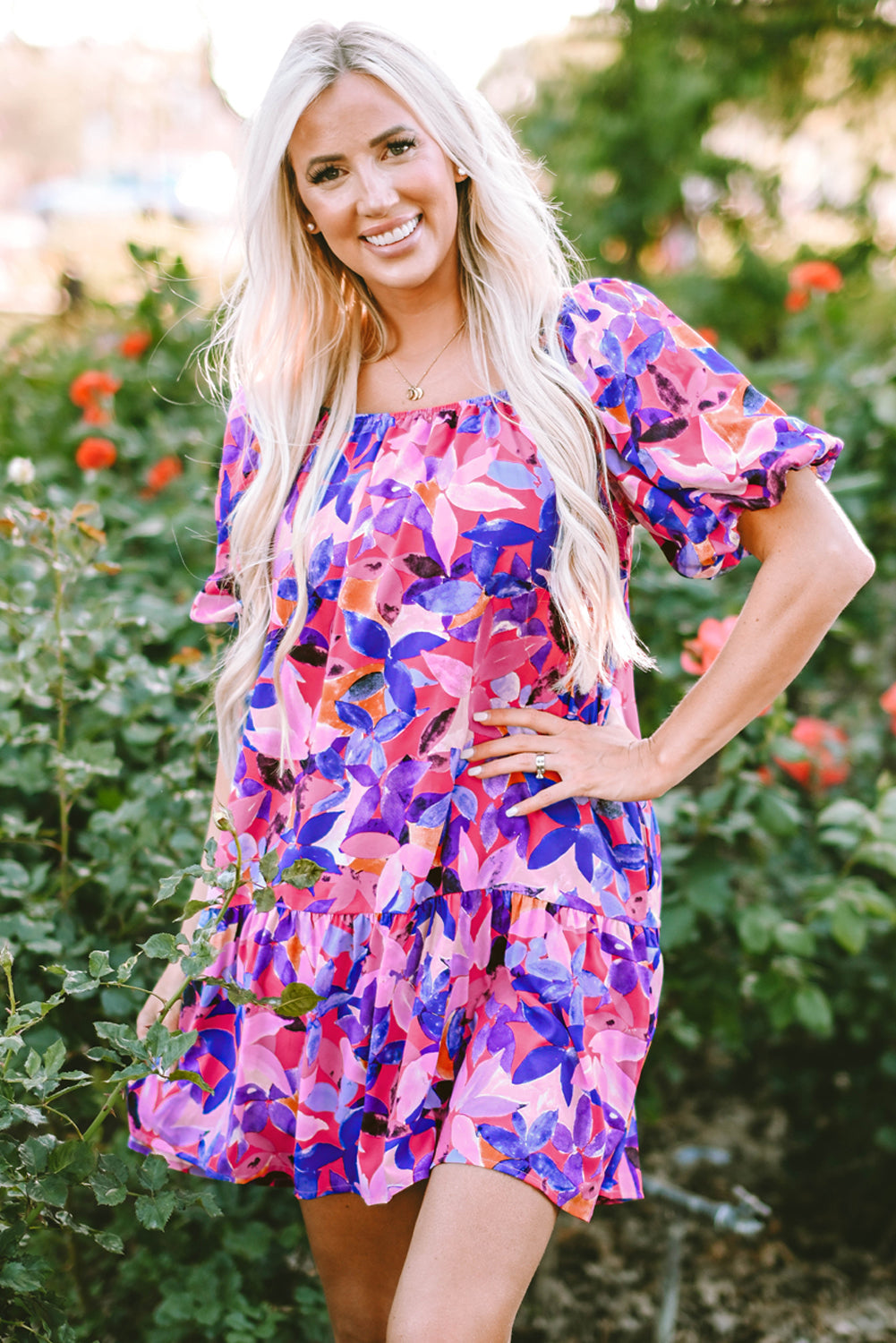 Women's Dresses with Flower Short-Sleeve Ruffle-Trimmed