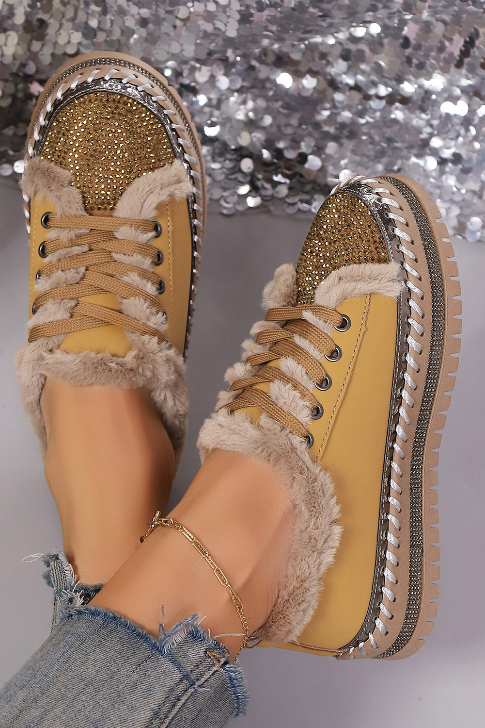 Embellished Faux Rhinestone Faux Fur Lining Lace-Up Flat Shoes