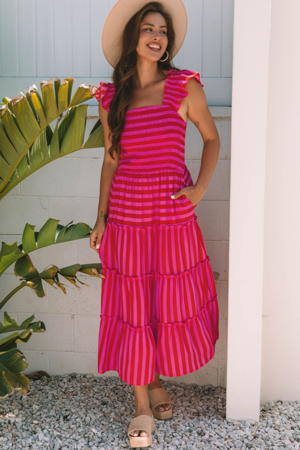 Sleeve Smocked Flutter Smocked Bodice Tiered Maxi Dress