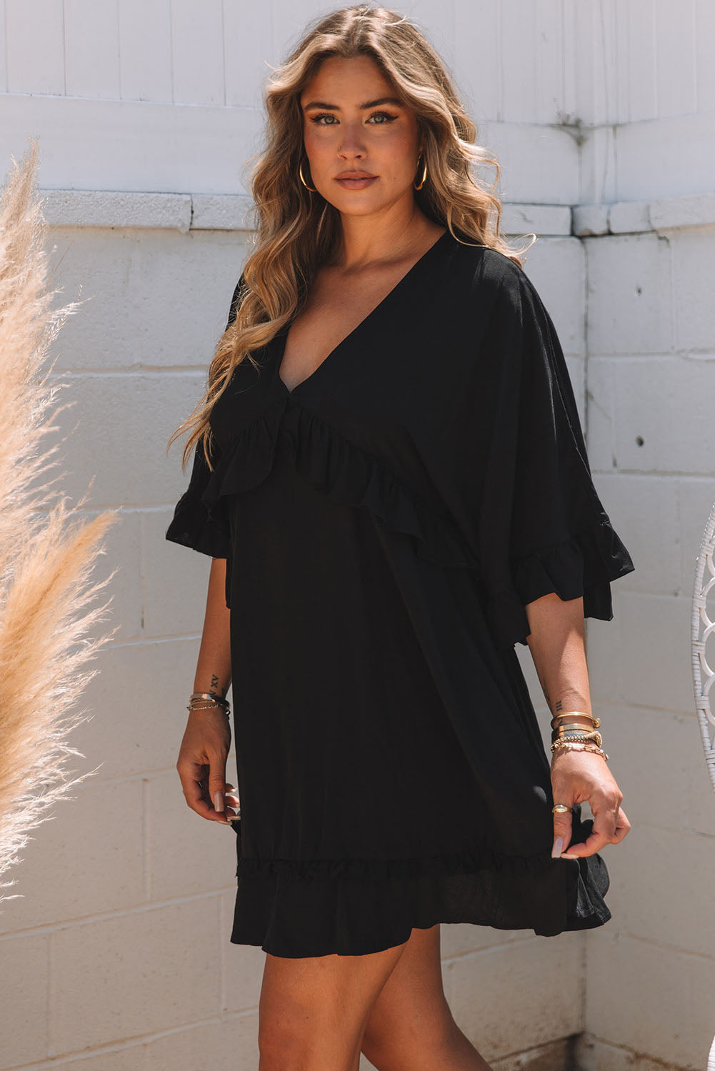 Women's Mini Dress Featuring Babydoll Ruffle-Trimmed Three-Quarter Sleeve