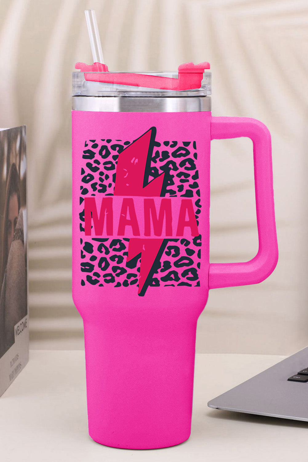 Lightning Leopard-Print Mama Leopard-Print Straw Stainless Steel Insulate Cup 40oz