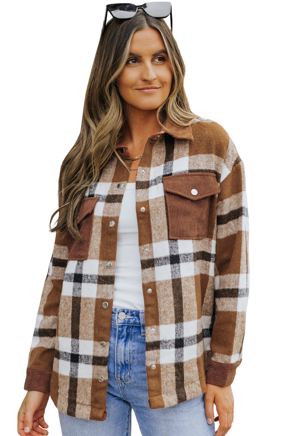 Shirt Jacket for Women Button-Front Plaid Pocket-Detail