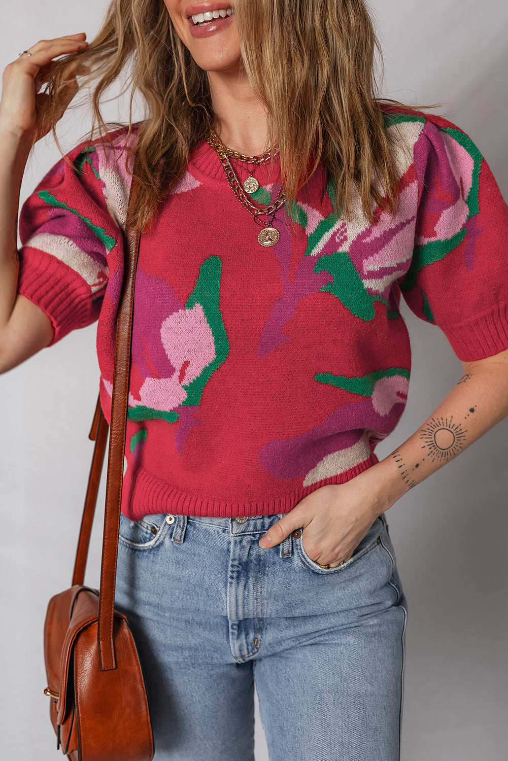 Abstract Print Floral Print Short Puff Sleeve Knit Top