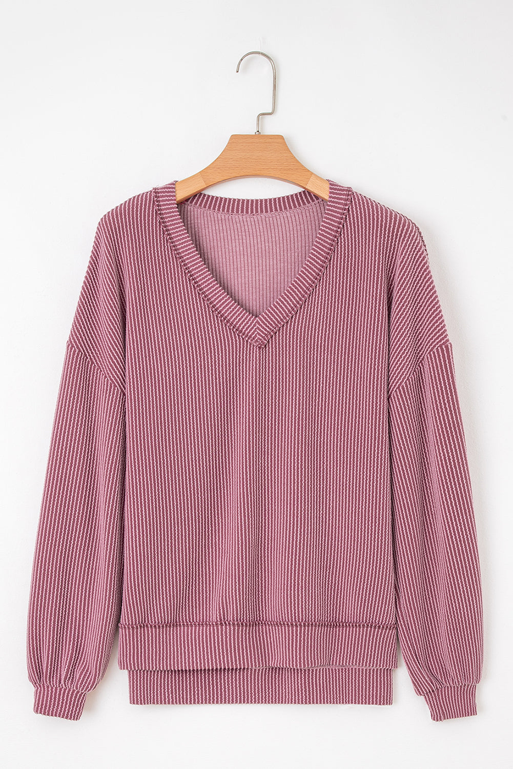 V-Neck Twisted Rib Drop-Shoulder Loose Sleeve Oversize Top