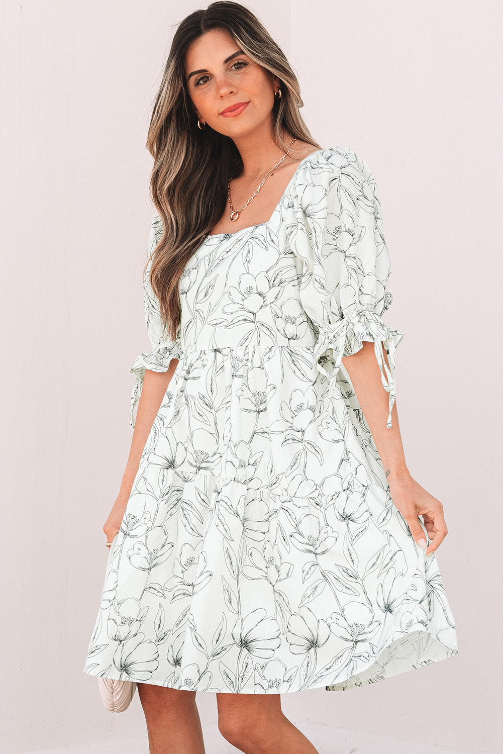 Floral Print Square Neck Shirred Back Mini Dress