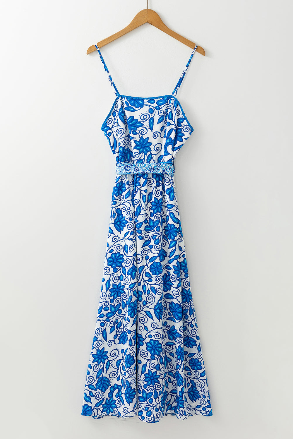 Blue Floral Printed Spaghetti Strap Maxi Dress