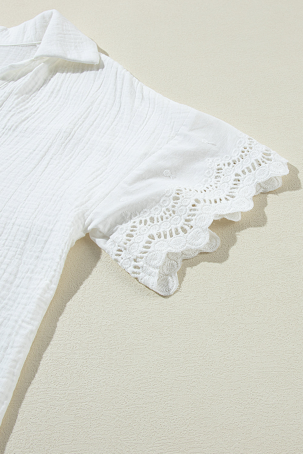 Blouse for Women Collared V Neck Crinkled Lace-Trimmed