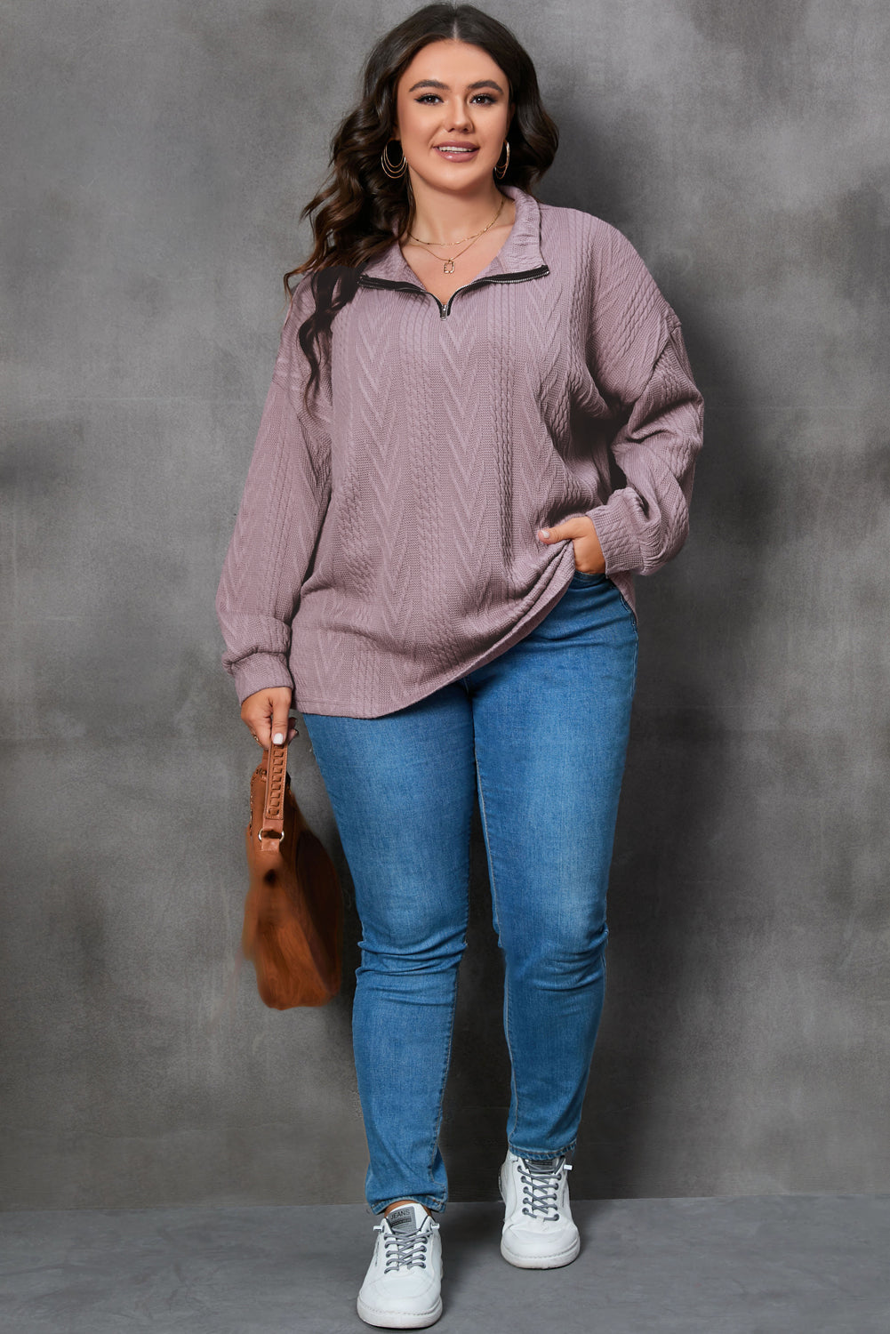 Women's Pullover with Zip Neck Plus Size Knitted