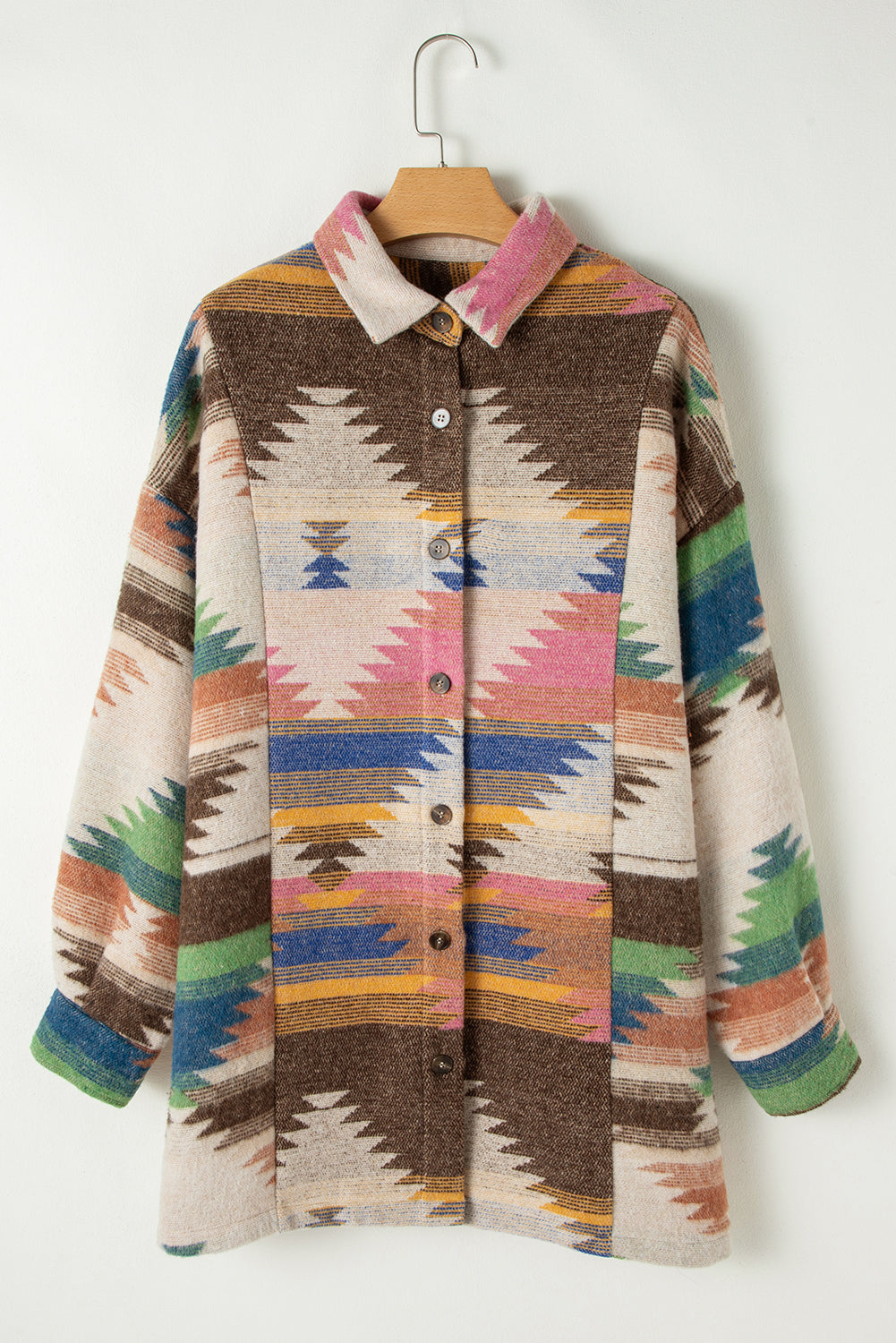 Aztec Print Button-Front Shacket in White