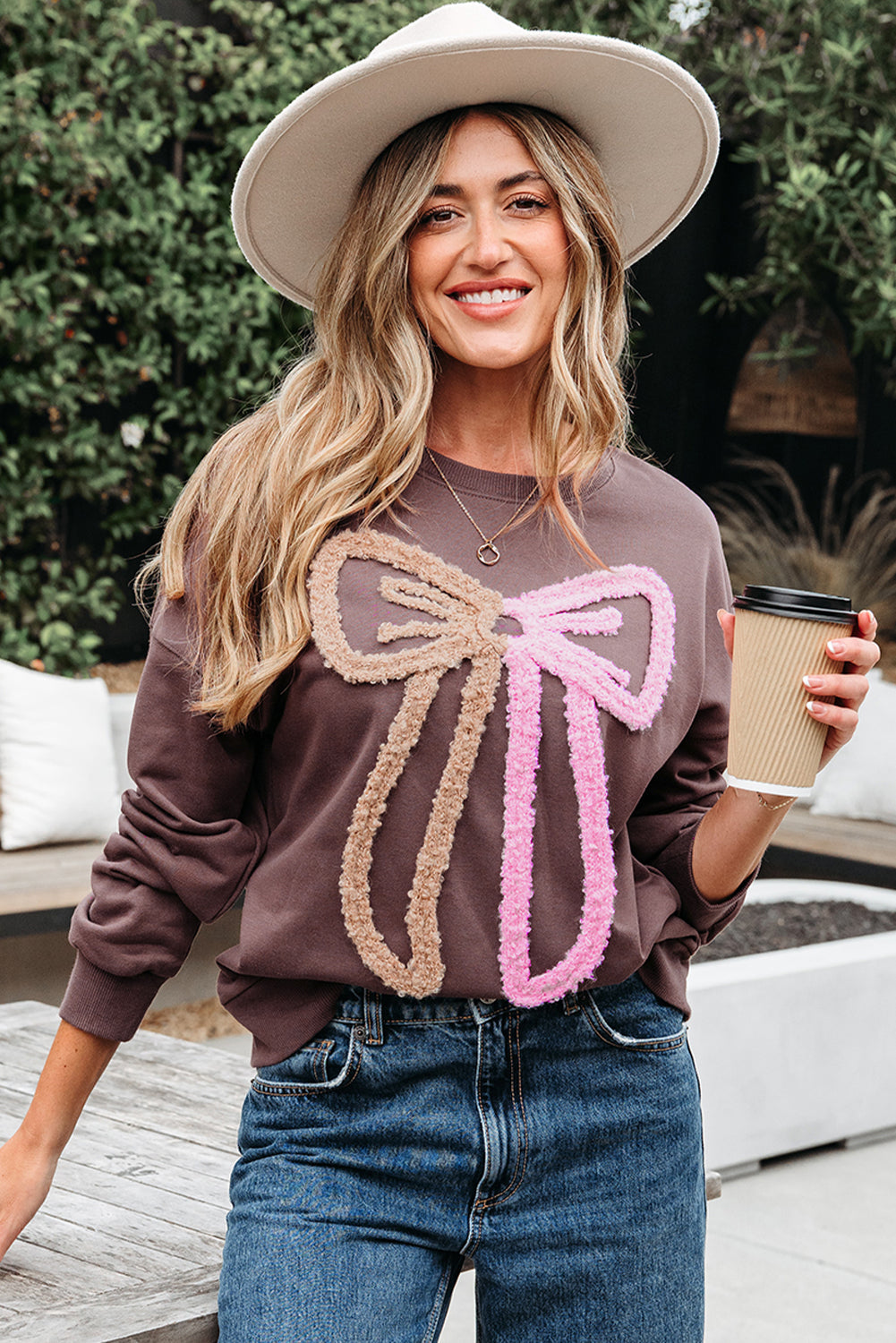 Terry Bow Contrast Bow Pattern Drop-Shoulder Sweatshirt