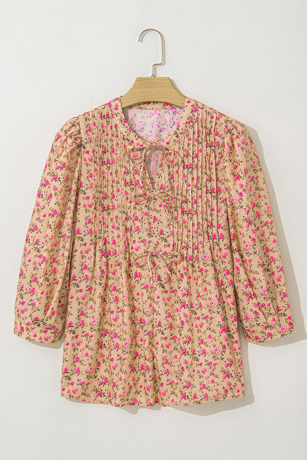 Floral-Print Bow Pintuck Bust Half Puff Sleeve Blouse Top