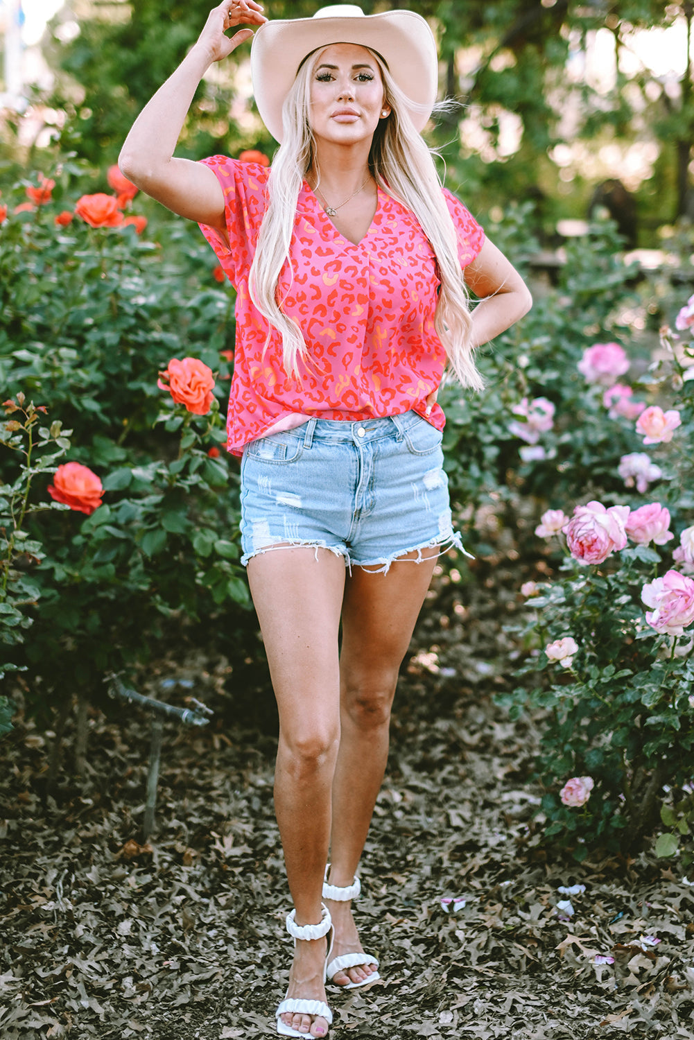Women's Blouse Featuring Short-Sleeve Leopard-Print V Neck