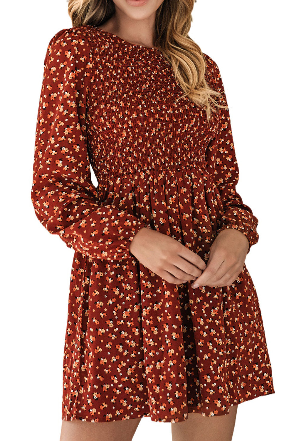Women's Dresses Featuring Floral-Print Shirred Bodice Mini
