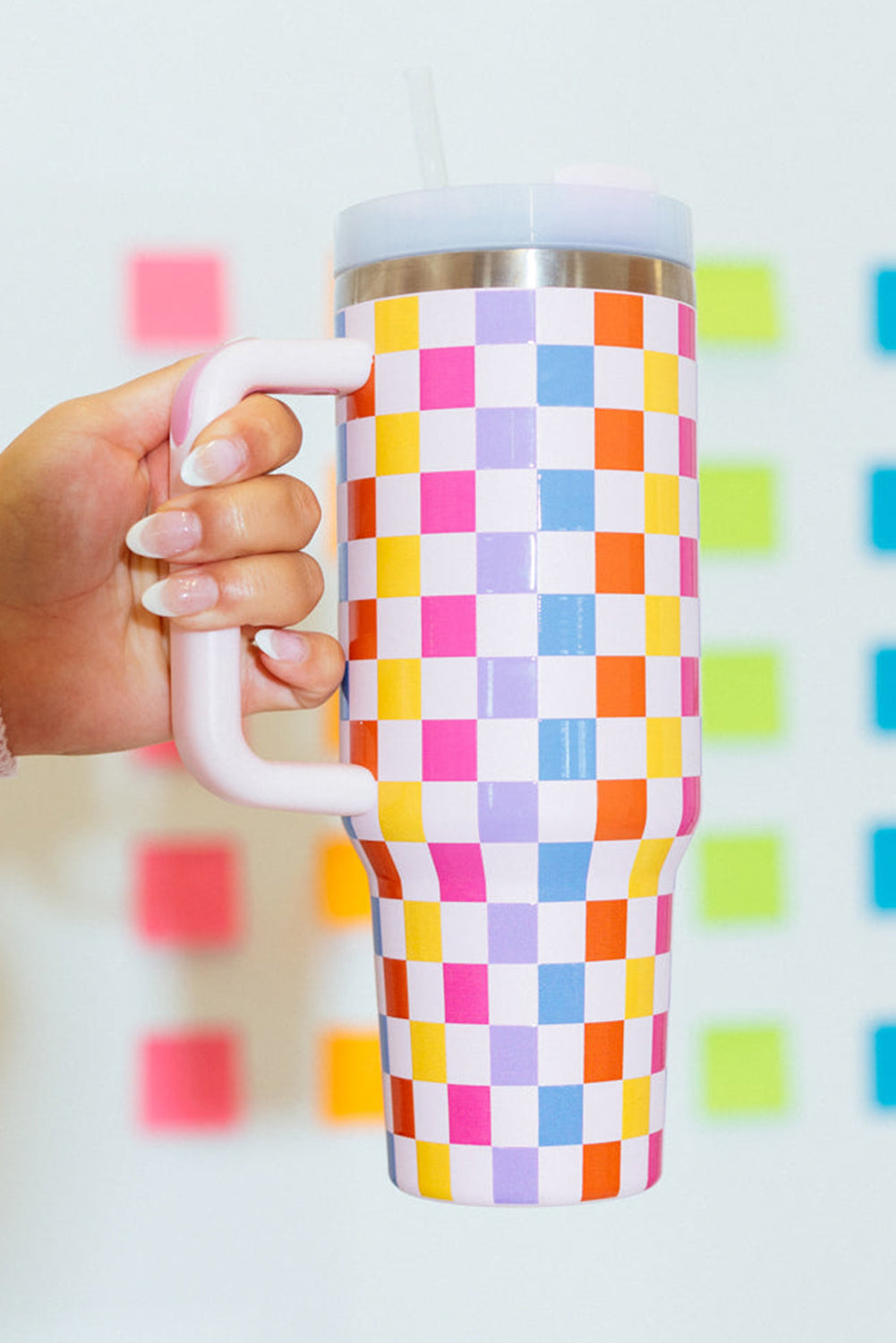 Checkered Print Colorful Print Handle Vacuum Cup 40oz