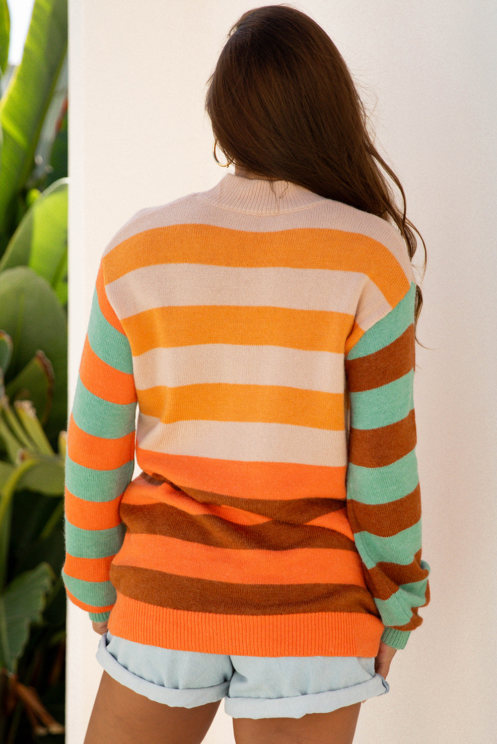 Neck Colorblock High Drop-Shoulder Cozy Knit Top