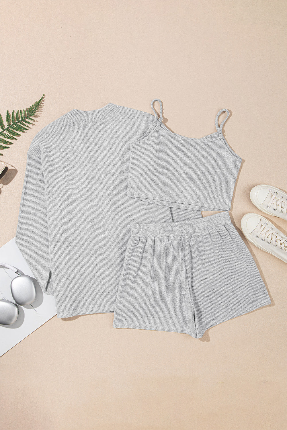 3 Crop Pieces Rib Camisole Matching Shorts Lounge Set with Cardigan