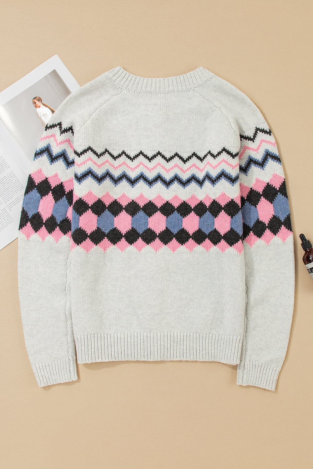 Stripe Geometric Button-Front Cardigan Knit Top in Pink