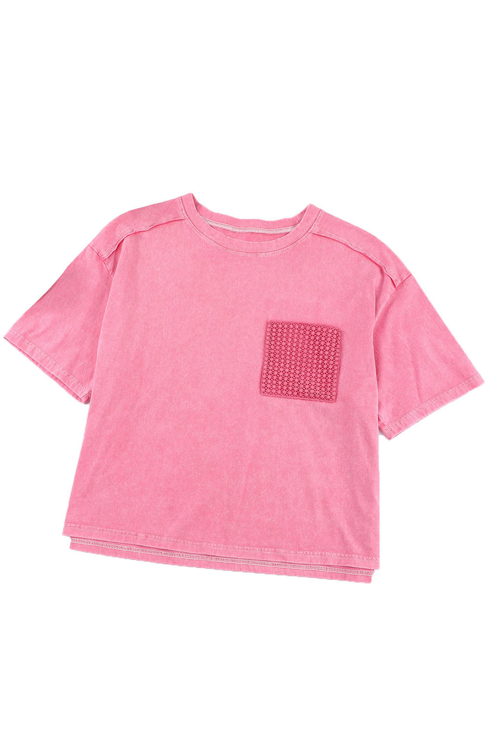 Women's T-shirt Featuring Lace-Trimmed Patch Pocket Acid Wash