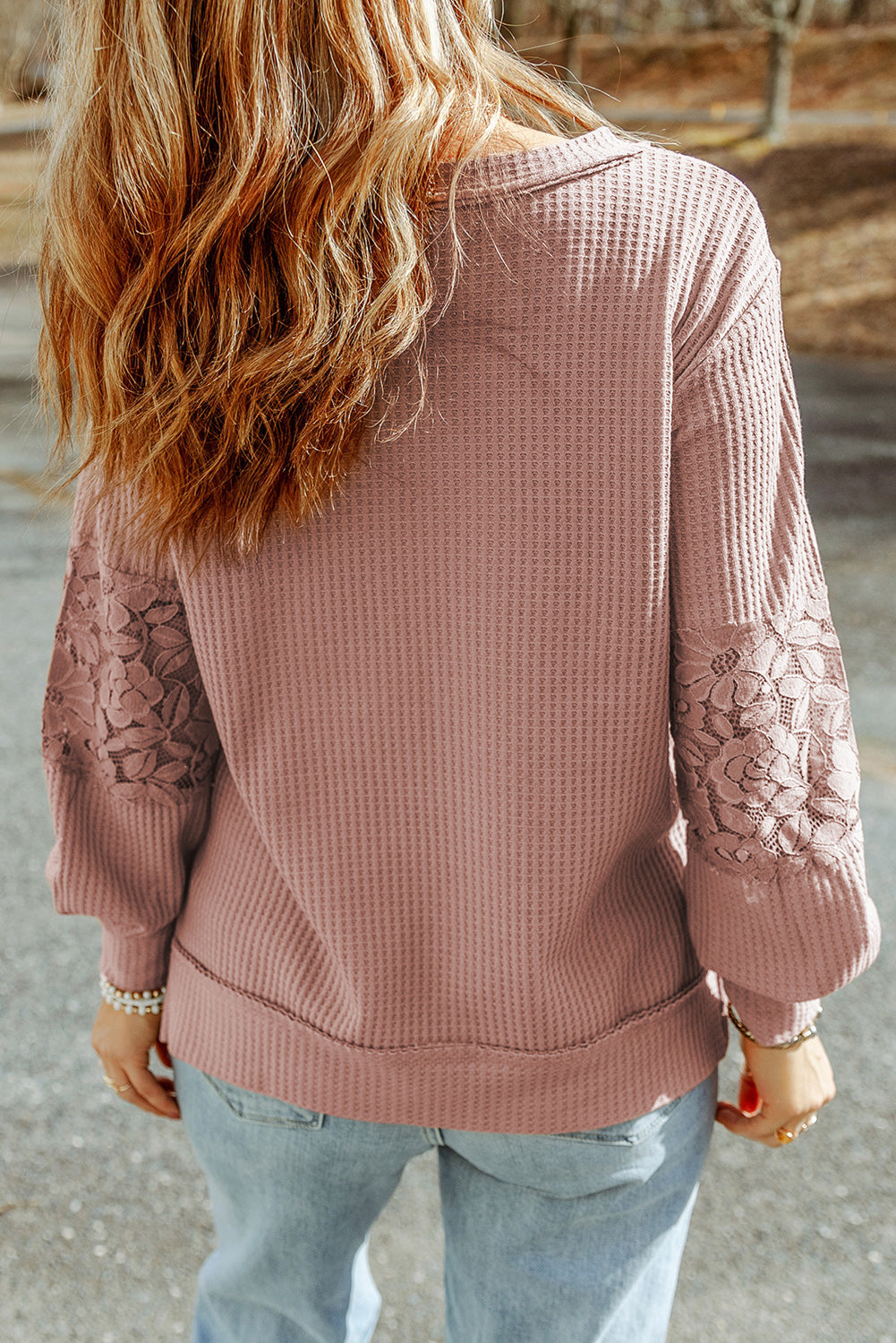 Women's Top with Long-Sleeve Lace-Trimmed Waffle V Neck