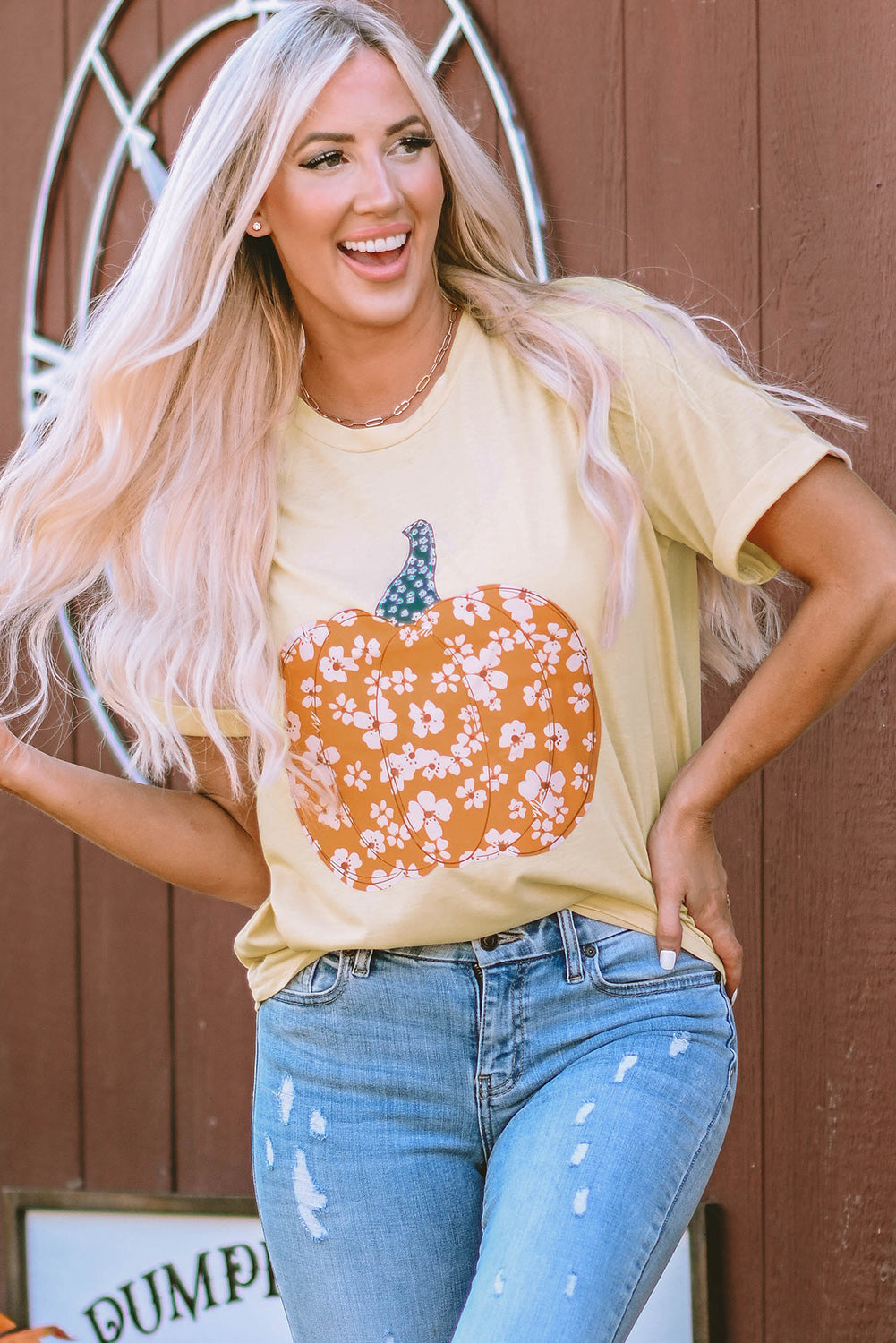 Women's Tee Featuring Sweet Floral-Print Pumpkin Graphic-Print