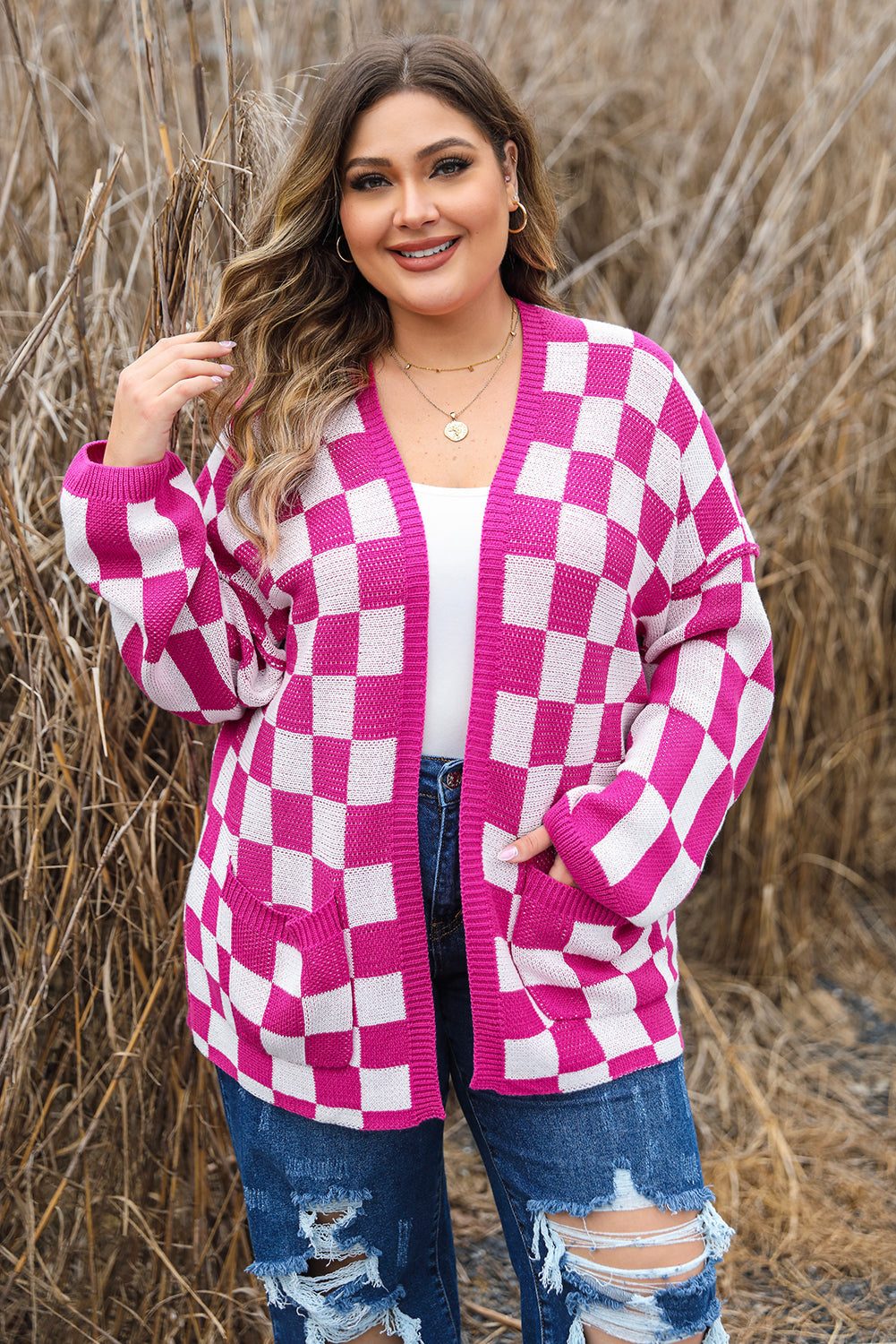 Women's Checked Pattern Plus Size Cardigan