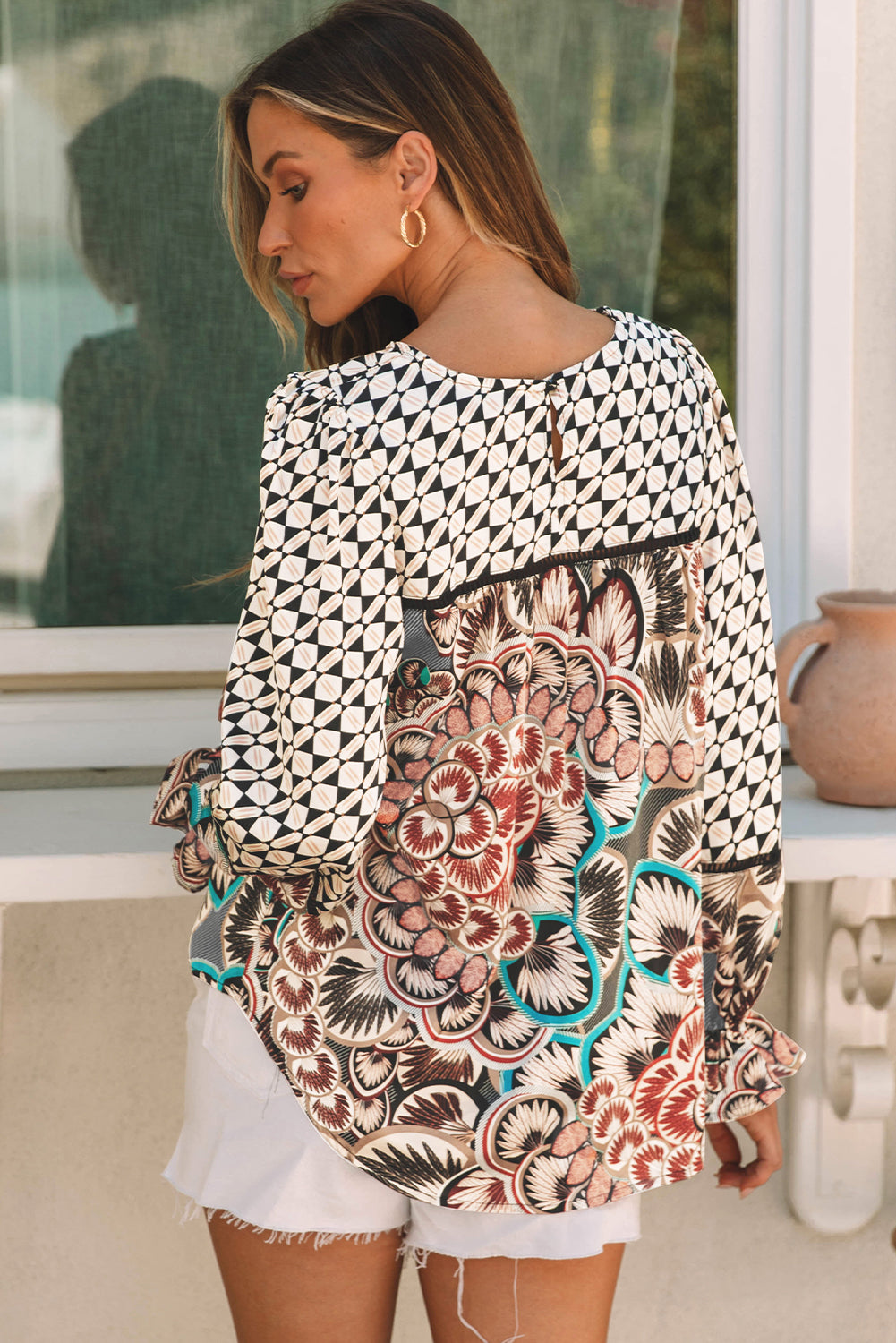 Blouse for Women Print Ruffle-Trimmed Long-Sleeve