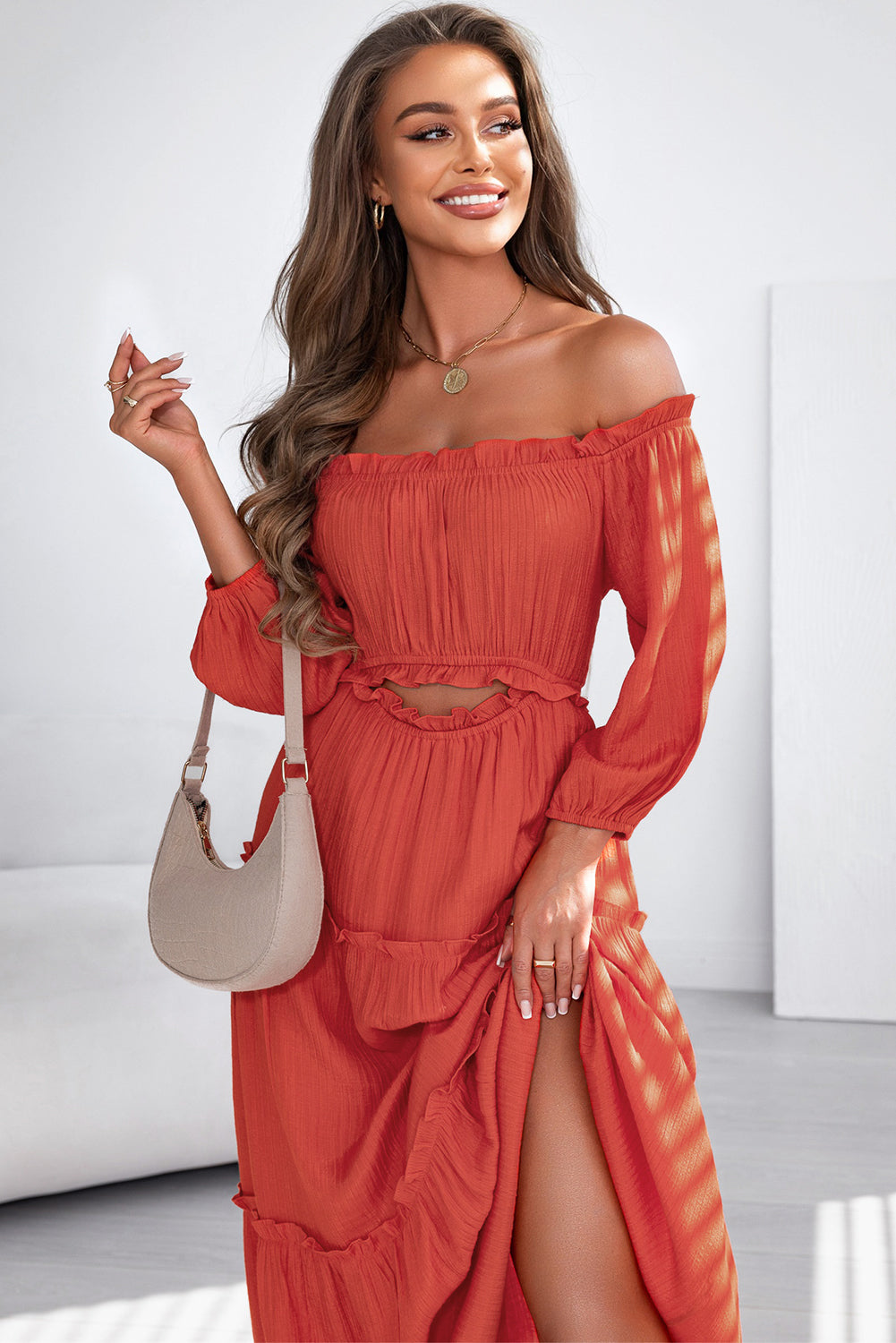 Women's Maxi Dress with Balloon Ruffle-Trimmed Off Shoulder