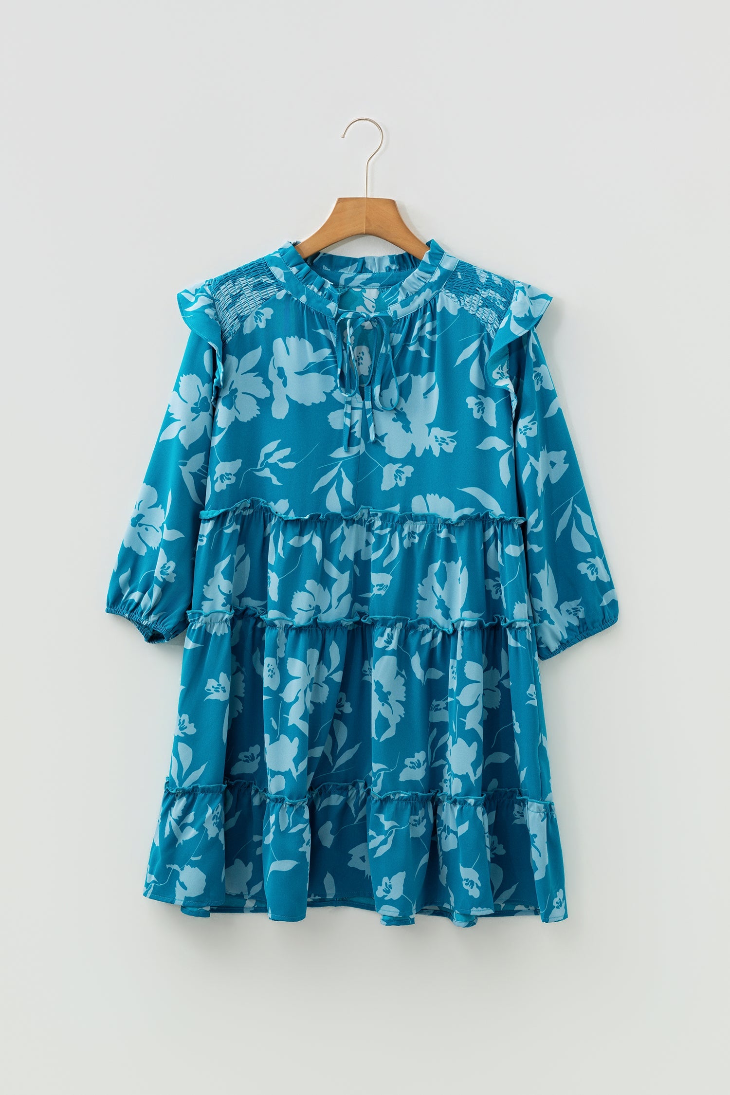 Flower Half Sleeve Tiered Ruffled Mini Dress in Blue