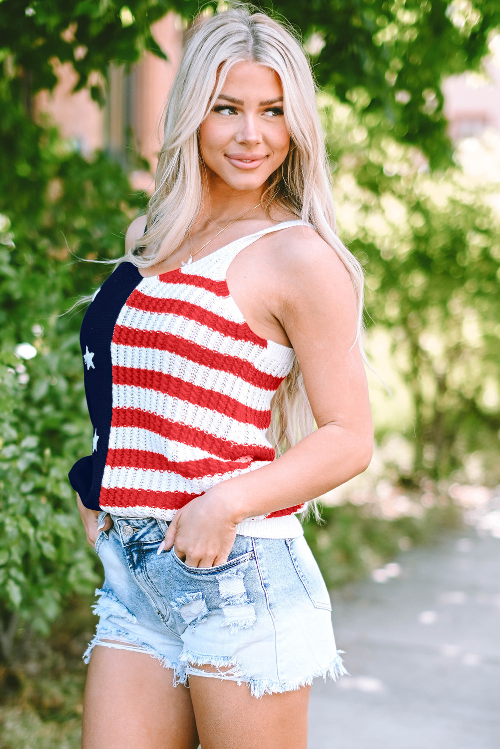 Women's Tank with Stars Stripes Flag Pattern Knitted