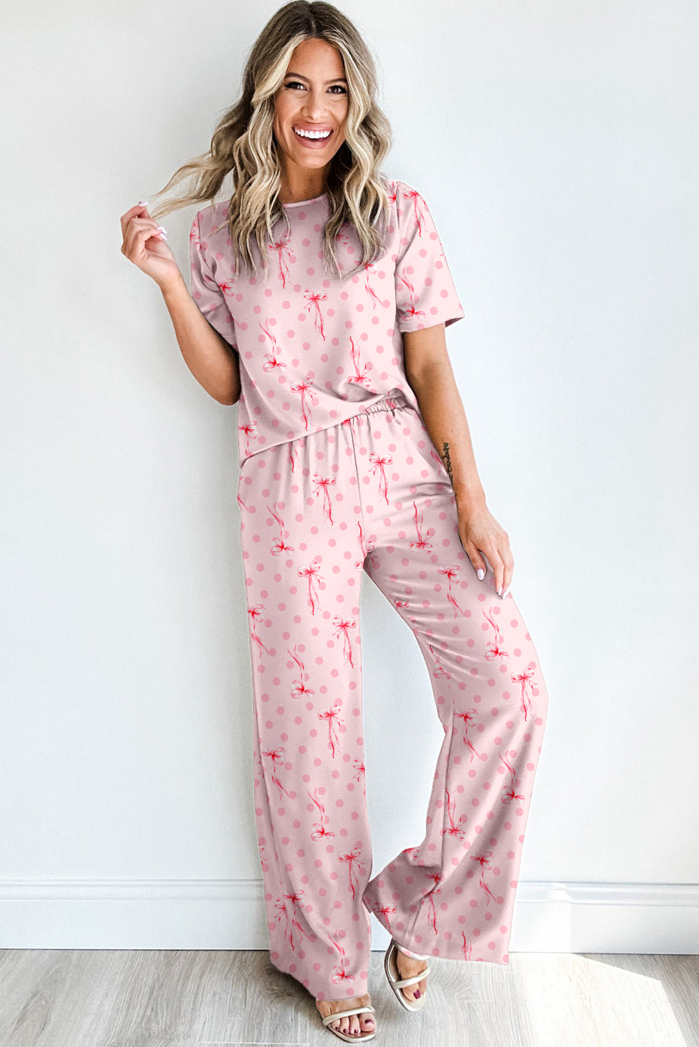 Bow Knot Polka-Dot Print Short-Sleeved Top Lounge Set
