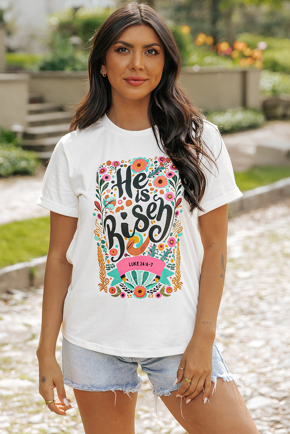 Women's T Shirt Featuring He Is Risen Floral-Print Print Round Neck